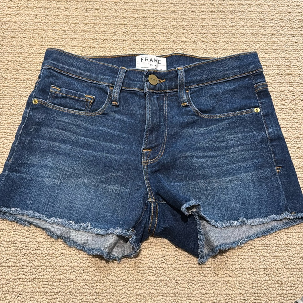 Frame Denim Blue Le Cutoff Frayed Hem Dark Wash Comfy Stretch Jean Short size 24